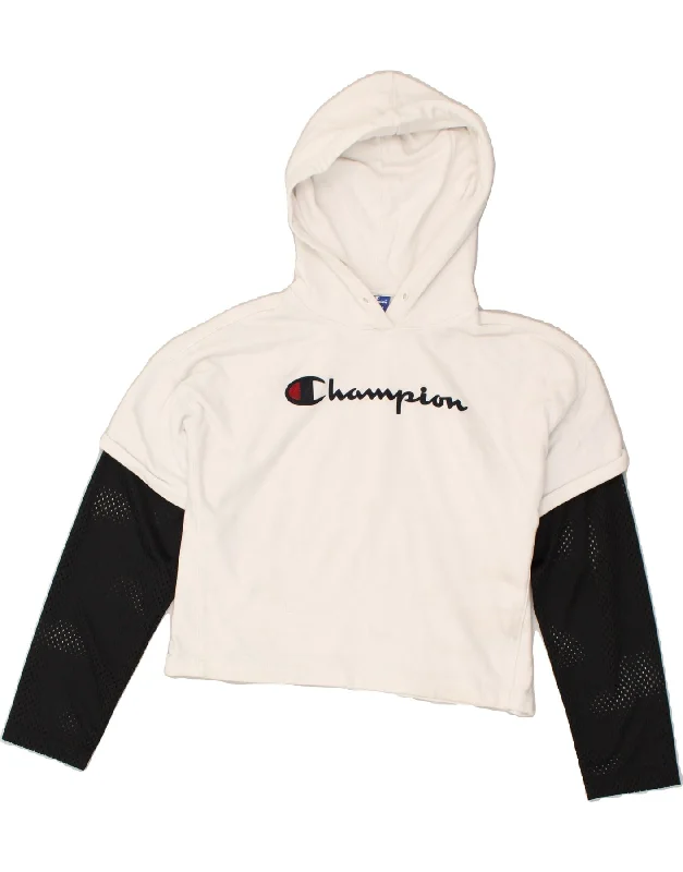 CHAMPION Womens Crop Graphic Hoodie Jumper UK12 Medium White Colourblock Hoodie with Color Block Contrast Stylish