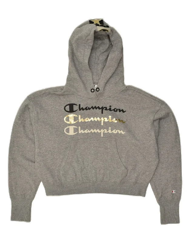 CHAMPION Womens Graphic Crop Hoodie Jumper UK 12 Medium Grey Cotton Hoodie with Drawcord Adjustable Secure