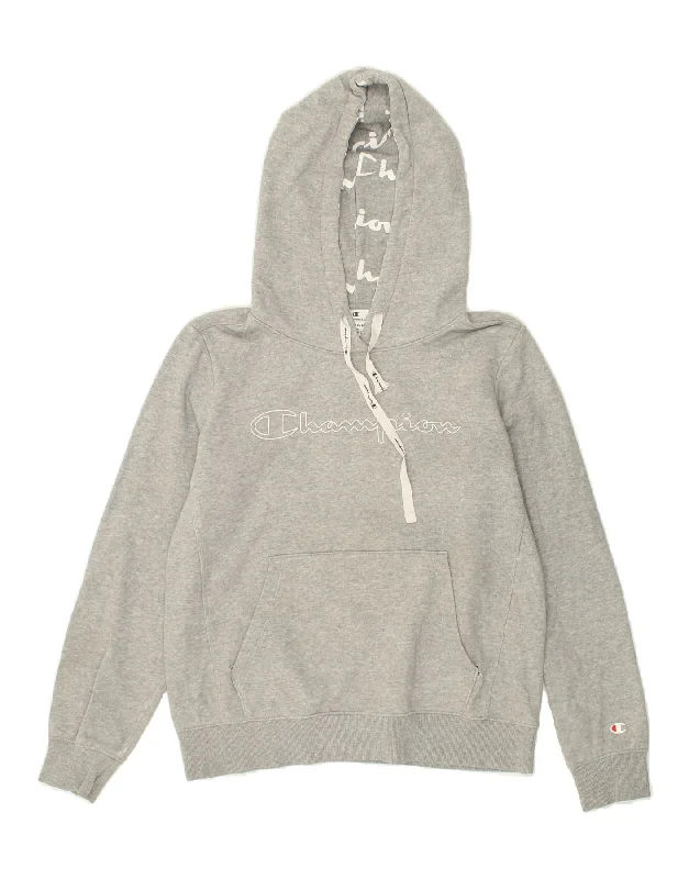 CHAMPION Womens Graphic Hoodie Jumper Medium Grey Cotton Hoodie with Drop Shoulder Relaxed Streetwear