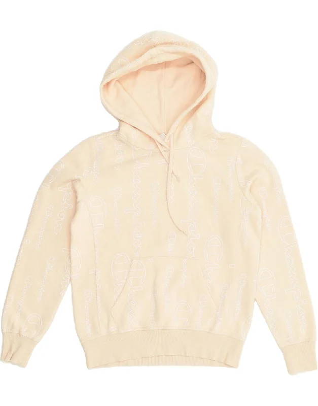 CHAMPION Womens Graphic Hoodie Jumper UK 10 Small Beige Cotton Hoodie with Hem Lace Feminine Delicate