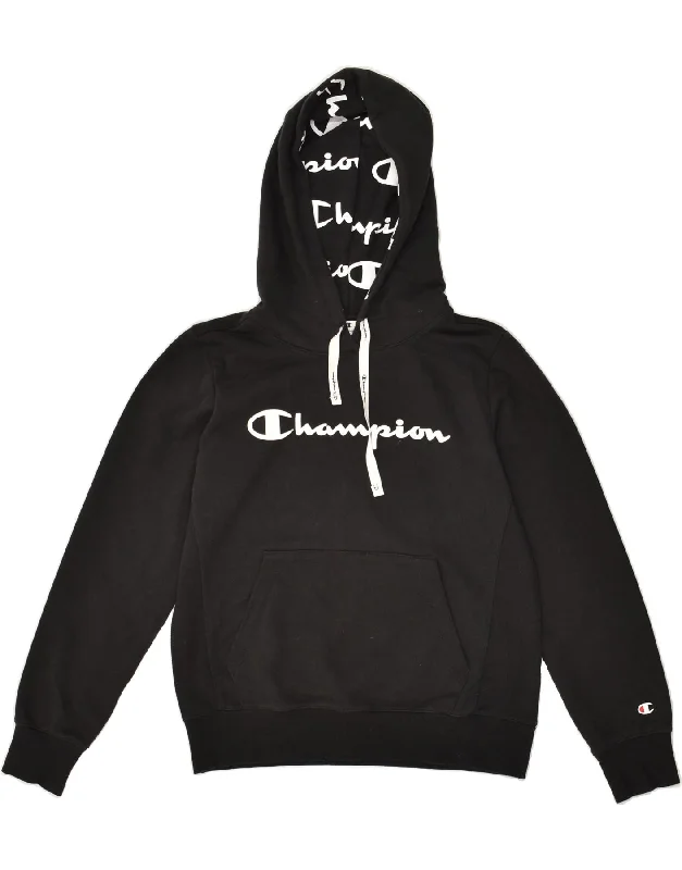 CHAMPION Womens Graphic Hoodie Jumper UK 10 Small Black Hoodie with Zipper Versatile Modern