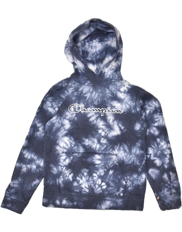 CHAMPION Womens Graphic Hoodie Jumper UK 14 Large Blue Tie Dye Cotton Hoodie with High Neck Warm Protective