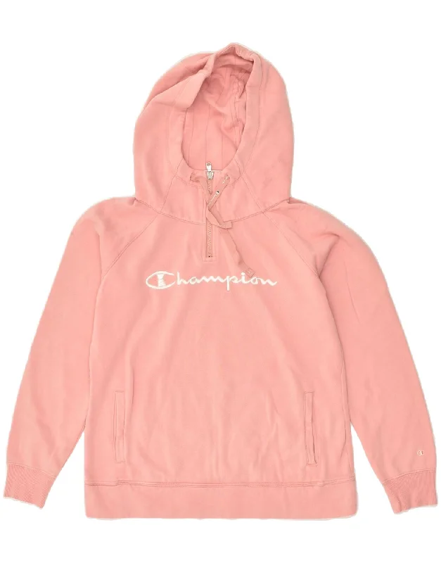 CHAMPION Womens Graphic Hoodie Jumper UK 14 Medium Pink Cotton Hoodie Fleece Lining Warmth