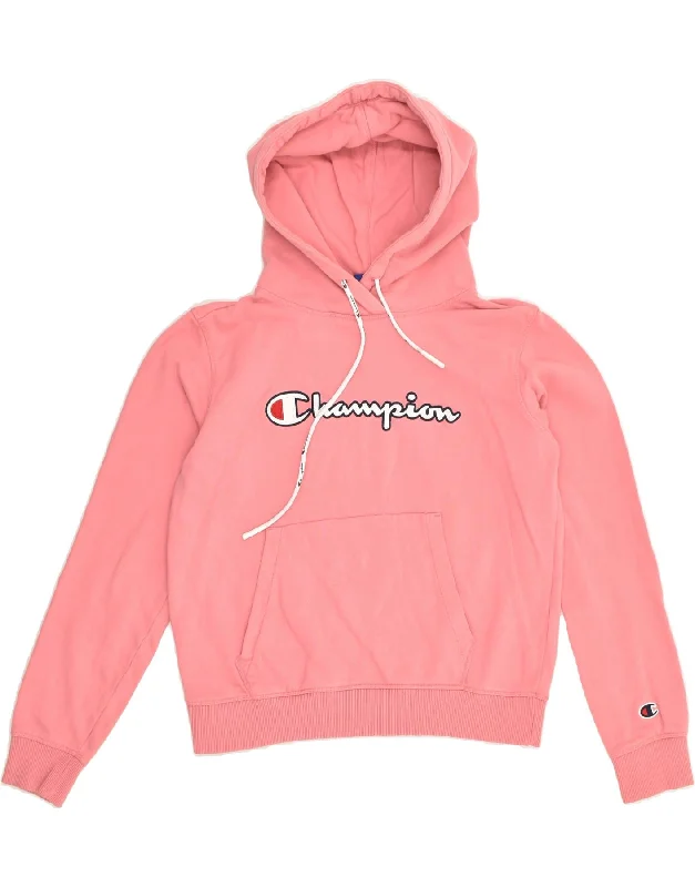 CHAMPION Womens Graphic Hoodie Jumper UK 4 XS Pink Cotton Hoodie with Back Slit Movement Comfort