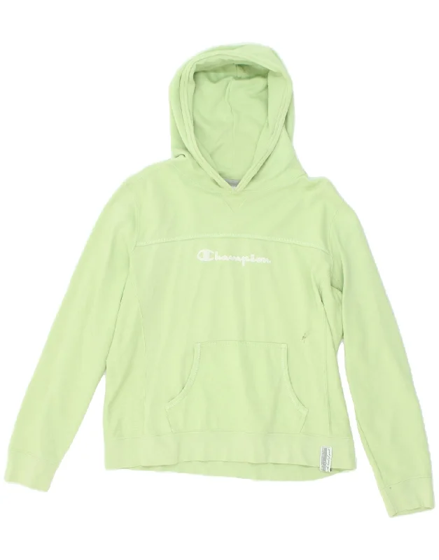 CHAMPION Womens Graphic Hoodie Jumper XL Green Cotton Hoodie with Cuffed Sleeves Snug Secure