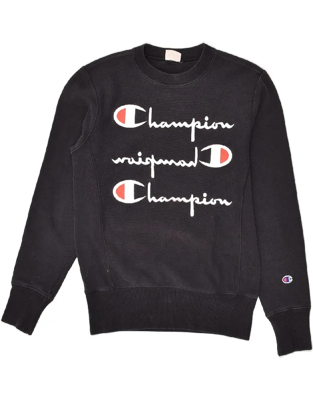 CHAMPION Womens Graphic Sweatshirt Jumper Small Navy Blue Hoodie with Color Block Contrast Stylish