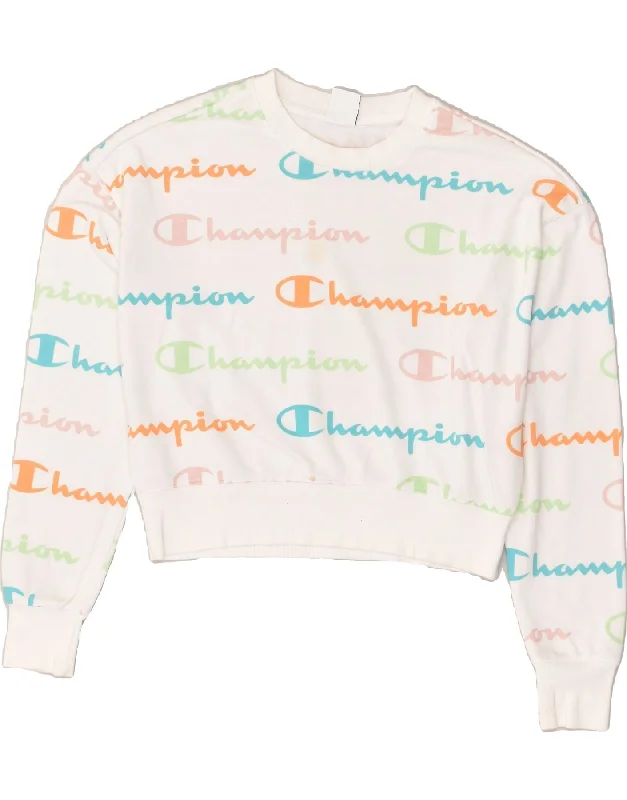 CHAMPION Womens Graphic Sweatshirt Jumper UK 14 Medium White Cotton Hoodie with Sequins Glamorous Eye-catching