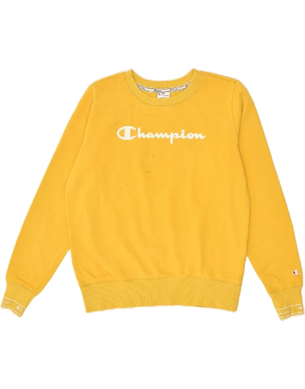 CHAMPION Womens Graphic Sweatshirt Jumper UK 16 Large Yellow Cotton Hoodie with Hem Lace Feminine Delicate