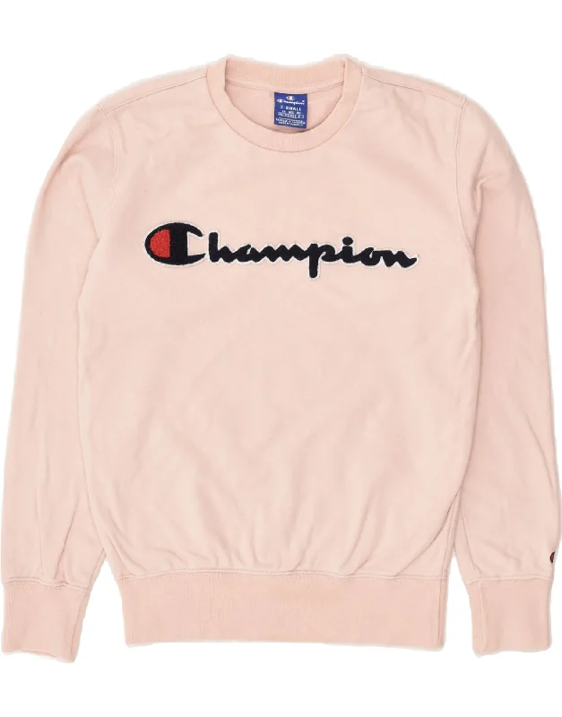 CHAMPION Womens Graphic Sweatshirt Jumper UK 6 XS Pink Cotton Hoodie with Contrast Stitching Detailed Premium