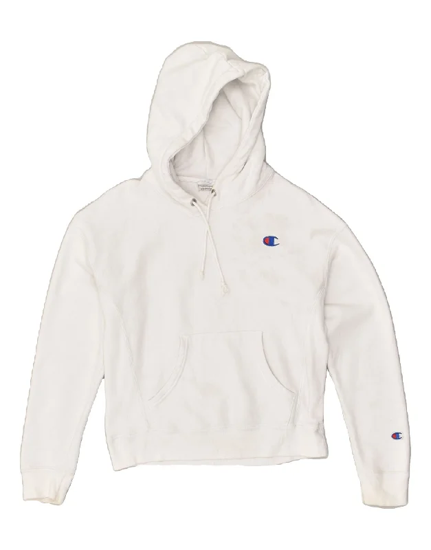 CHAMPION Womens Hoodie Jumper UK 10 Small White Cotton Hoodie with Set-In Sleeves Structured Classic