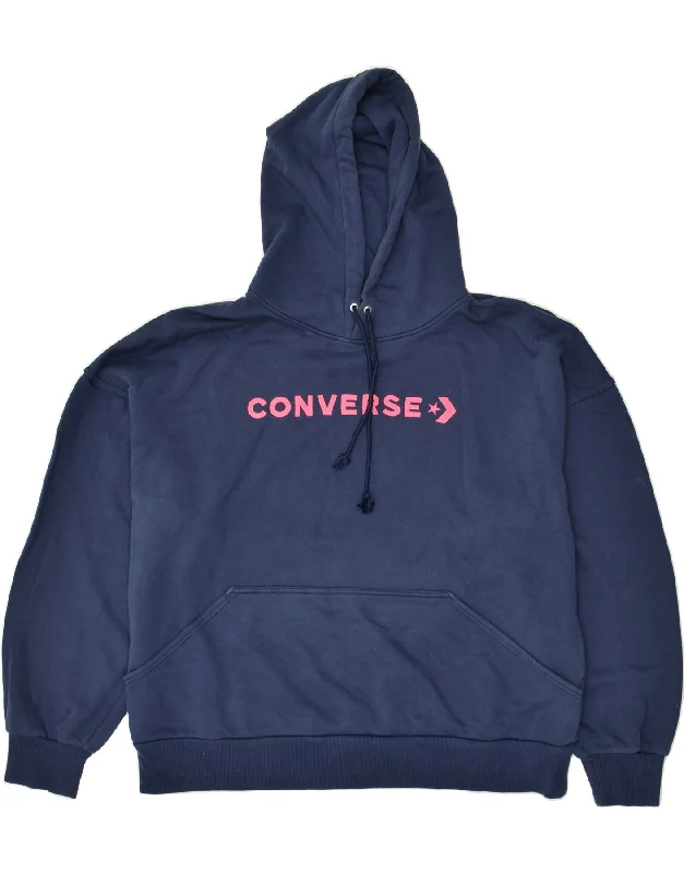 CONVERSE Womens Graphic Hoodie Jumper 2XL Navy Blue Cotton Hoodie with Cropped Fit Short Trendy