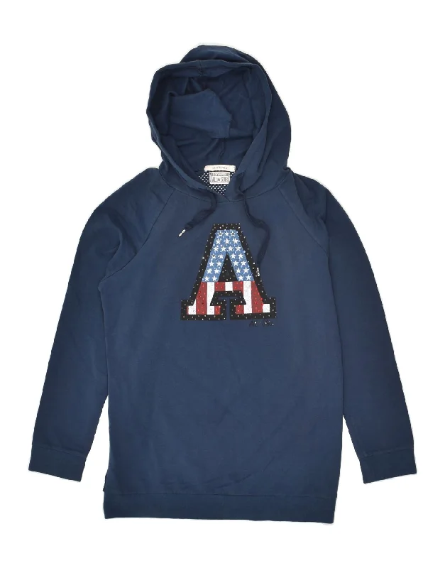 CONVERSE Womens Graphic Hoodie Jumper UK 10 Small Navy Blue Cotton Hoodie with Full-Zip Functional Layering