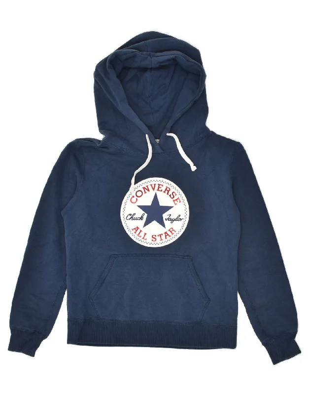 CONVERSE Womens Graphic Hoodie Jumper UK 14 Medium Navy Blue Cotton Hoodie with Hood Adjustable Protection