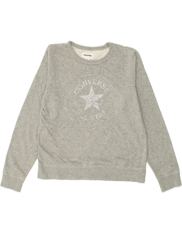 CONVERSE Womens Graphic Sweatshirt Jumper UK 14 Large Grey Cotton Hoodie with Longline Fit Extended Stylish