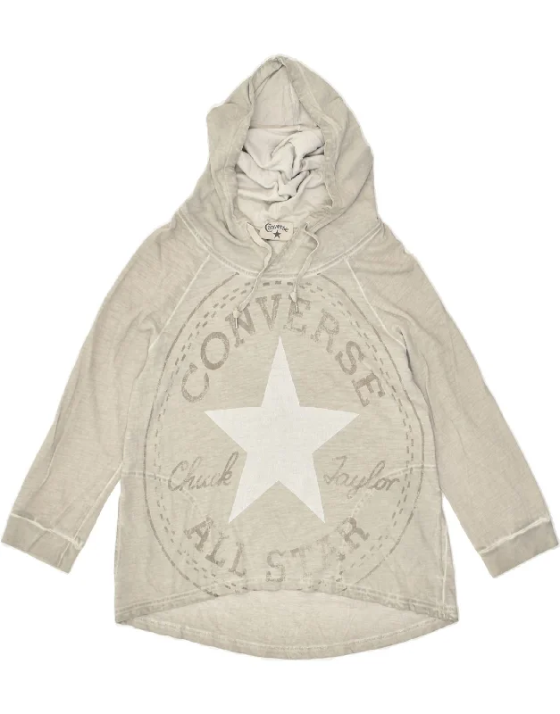 CONVERSE Womens Oversized Graphic Hoodie Jumper UK 6 XS Grey Cotton Hoodie with Snap Buttons Easy Quick