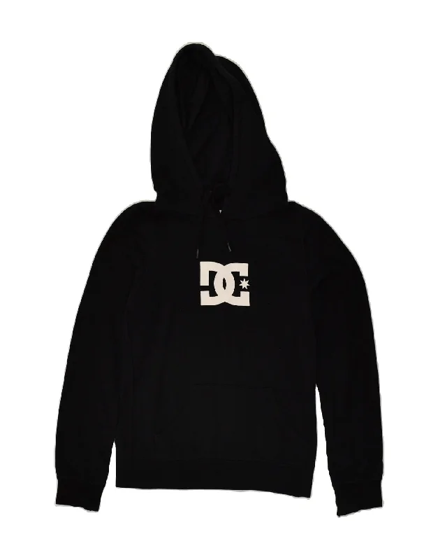 DC Womens Graphic Hoodie Jumper UK 6 XS Black Cotton Hoodie with Raw Hem Edgy Unfinished