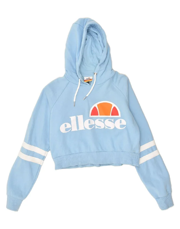 ELLESSE Womens Crop Graphic Hoodie Jumper UK 10 Small Blue Cotton Graphic Hoodie Design Print