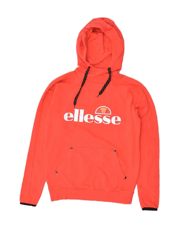 ELLESSE Womens Graphic Hoodie Jumper UK 14 Large Red Cotton Hoodie with Hem Applique Textured Unique