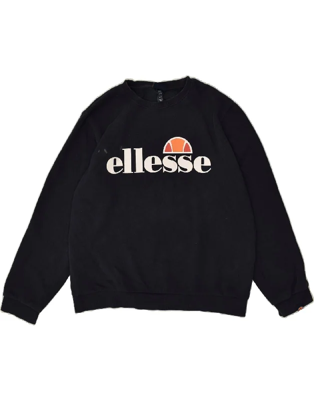 ELLESSE Womens Loose Fit Graphic Sweatshirt Jumper UK 14 Large  Navy Blue Zip Hoodie Drawstring Kangaroo Pocket