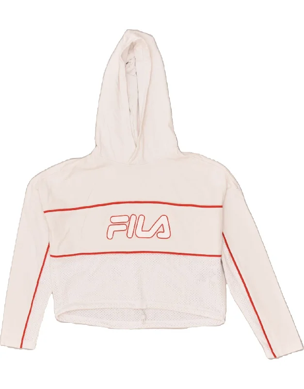 FILA Womens Crop Graphic Hoodie Jumper UK 6 XS White Cotton Hoodie with Elastic Cuffs Stretchable Comfortable