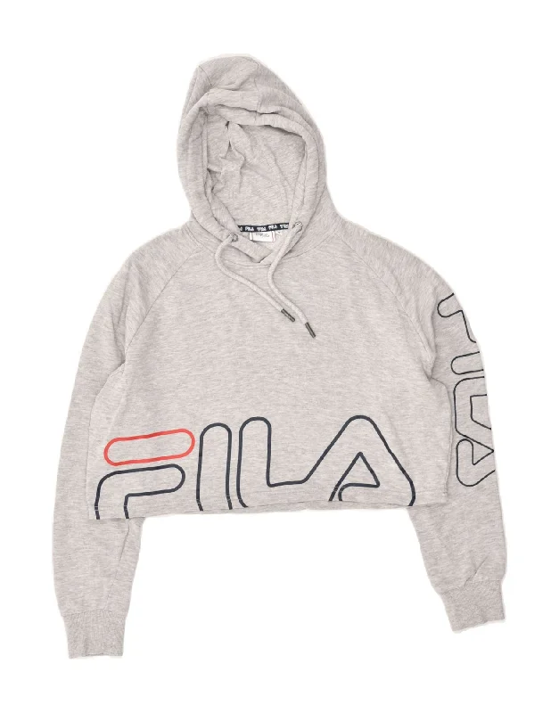 FILA Womens Graphic Crop Hoodie Jumper UK 10 Small Grey Cotton Hoodie with Hem Lace Feminine Delicate