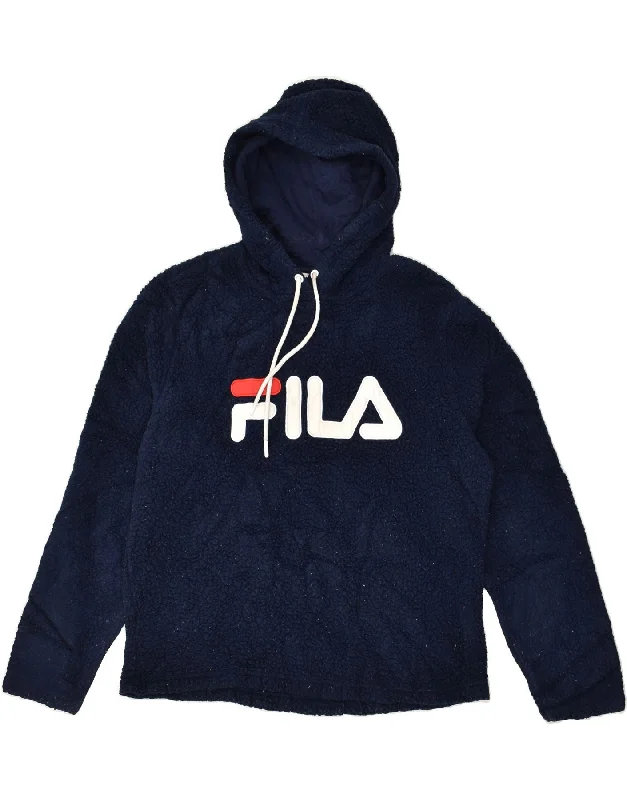 FILA Womens Graphic Hooded Fleece Jumper UK 16 Large Navy Blue Polyester Hoodie Dress Longline Feminine