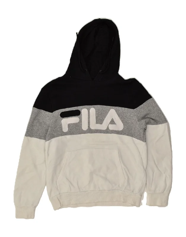 FILA Womens Graphic Hoodie Jumper UK 6 XS Grey Colourblock Cotton Hoodie with Pocket Utility Practical