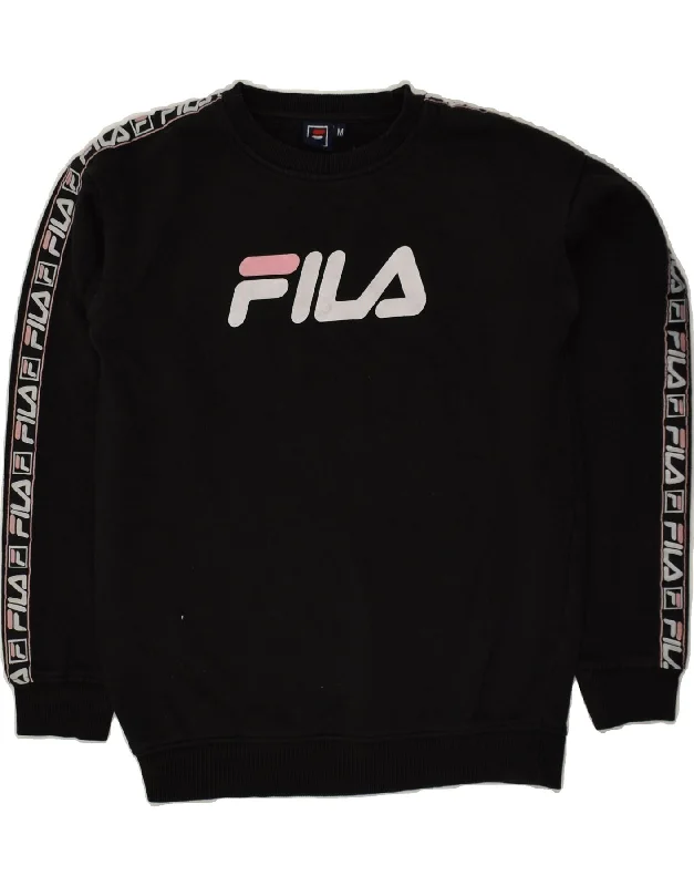 FILA Womens Graphic Sweatshirt Jumper UK 14 Medium Black Cotton Hoodie with Illustration Artistic Creative