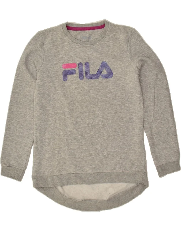 FILA Womens Graphic Sweatshirt Jumper UK 14 Medium Grey Cotton Hoodie with Front Slit Layering Stylish