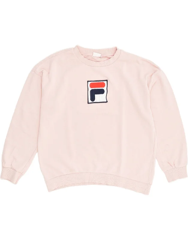 FILA Womens Graphic Sweatshirt Jumper UK 16 Large Pink Cotton Hoodie with Frayed Bohemian Relaxed