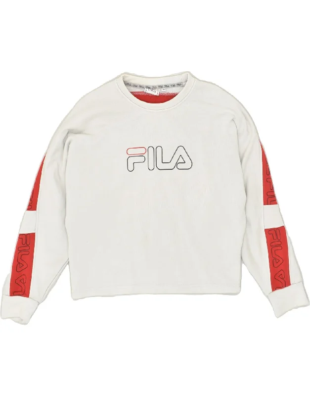 FILA Womens Graphic Sweatshirt Jumper UK 6 XS Grey Colourblock Cotton Hoodie with Hidden Zipper Minimalist Clean