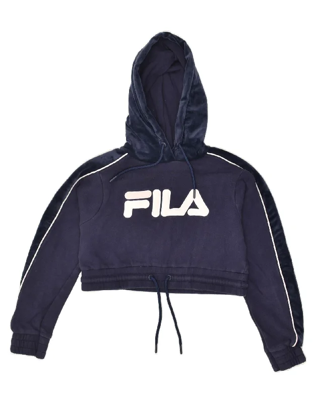 FILA Womens Oversized Graphic Hoodie Jumper UK 0 2XS Navy Blue Cotton Hoodie with Slim Fit Tailored Modern