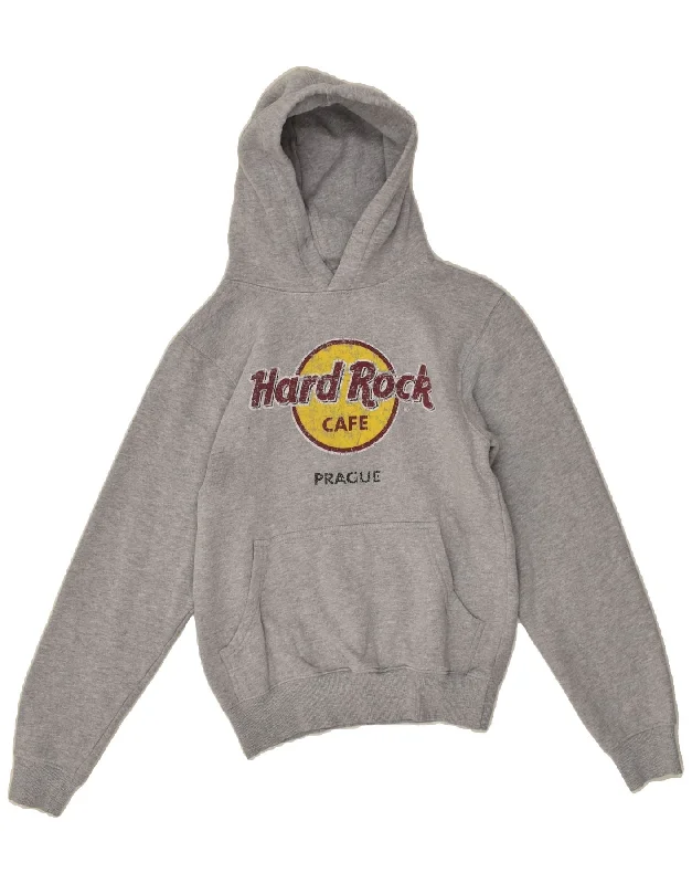 HARD ROCK CAFE Womens Prague Graphic Hoodie Jumper UK 10 Small Grey Cotton Hoodie with Hem Fringe Bohemian Relaxed