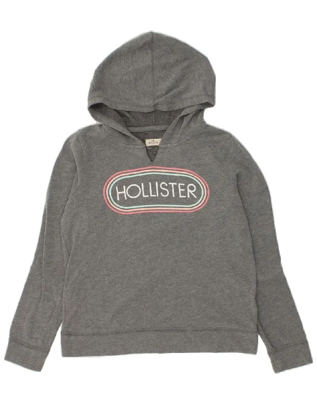 HOLLISTER Womens Graphic Hoodie Jumper UK 14 Large Grey Cotton Hoodie with Crew Neck Simple Timeless