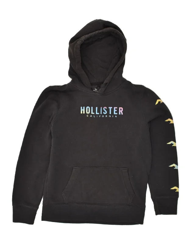 HOLLISTER Womens Graphic Hoodie Jumper UK 6 XS Black Cotton Hoodie with Slim Fit Tailored Modern