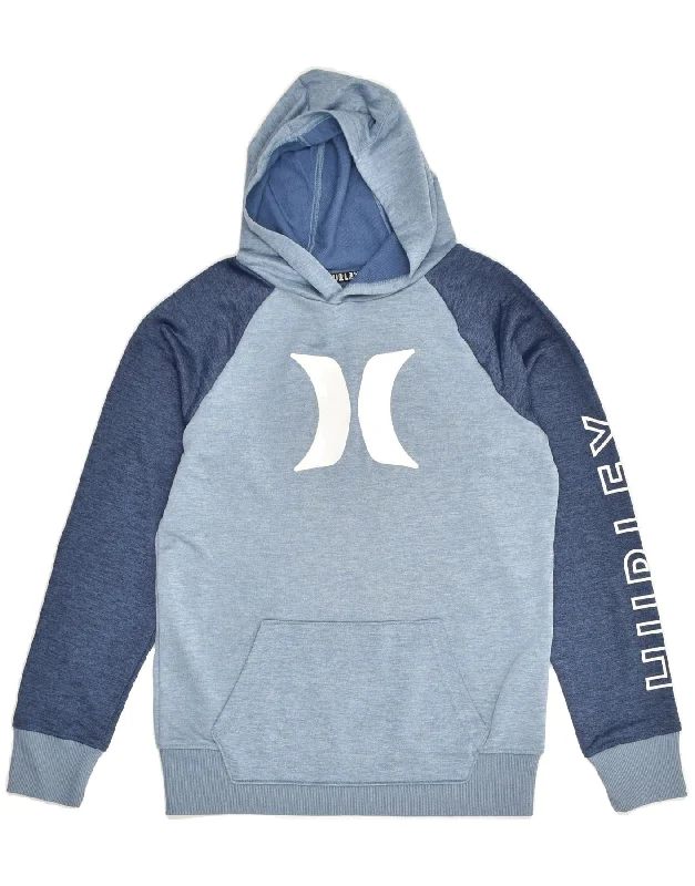 HURLEY Womens Graphic Hoodie Jumper UK 14 Large Blue Colourblock Polyester Hoodie with Lace Feminine Delicate