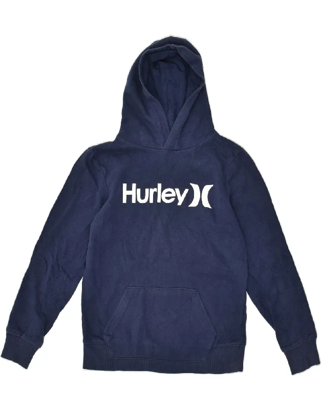 HURLEY Womens Graphic Hoodie Jumper UK 14 Large Blue Hoodie with Batwing Sleeves Loose Dramatic