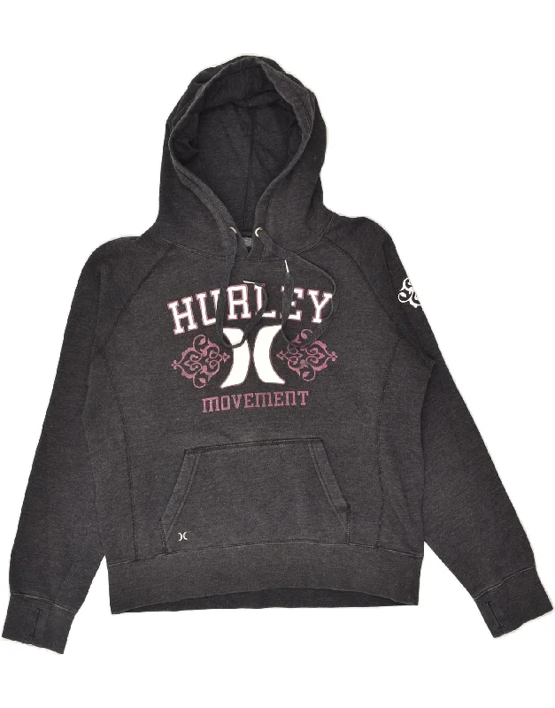 HURLEY Womens Graphic Hoodie Jumper UK 16 Large Grey Cotton Hoodie with Ribbed Neckline Snug Warm