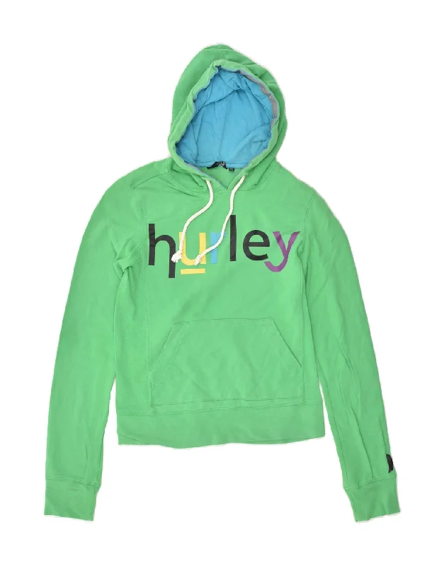 HURLEY Womens Graphic Hoodie Jumper UK 6 XS Green Cotton Hoodie with Stripes Bold Sporty