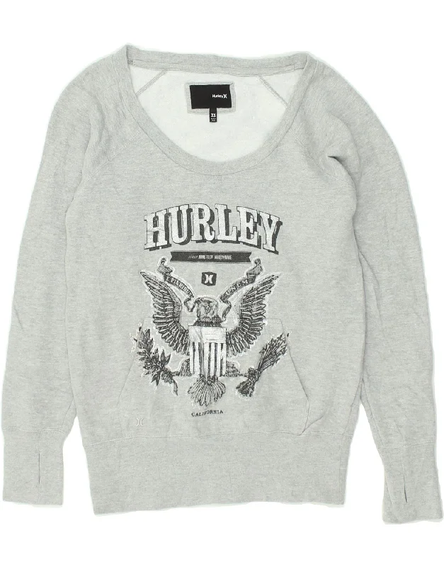 HURLEY Womens Graphic Sweatshirt Jumper UK 6 XS Grey Hoodie with Hem Contrast Bold Stylish