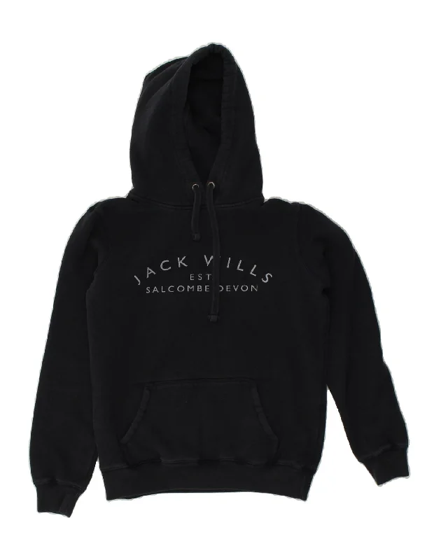 JACK WILLS Womens Graphic Hoodie Jumper UK 10 Small  Navy Blue Cotton Hoodie with Print Artistic Unique