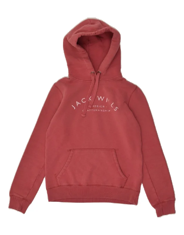 JACK WILLS Womens Graphic Hoodie Jumper UK 6 XS Red Cotton Hoodie with Velcro Closure Adjustable Secure