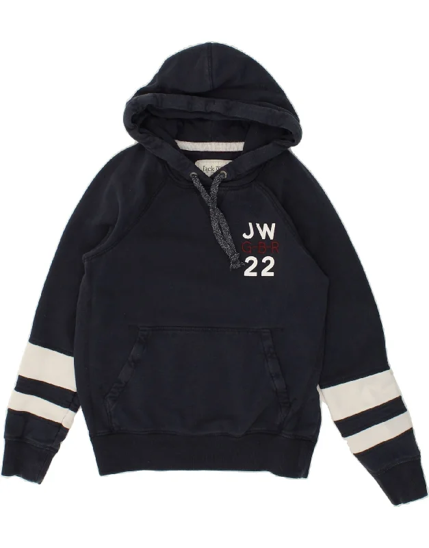 JACK WILLS Womens Graphic Hoodie Jumper UK 8 Small Navy Blue Colourblock Hoodie with Monochrome Minimalist Simple