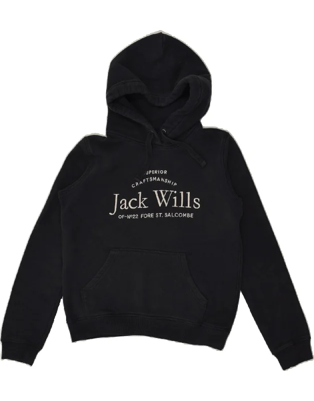 JACK WILLS Womens Loose Fit Graphic Hoodie Jumper UK 8 Small Black Cotton Hoodie with Hidden Zipper Minimalist Clean