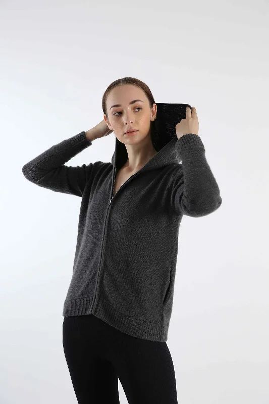 Pure Cashmere Hoody - Grey Hoodie with Thumb Holes Functional Cozy