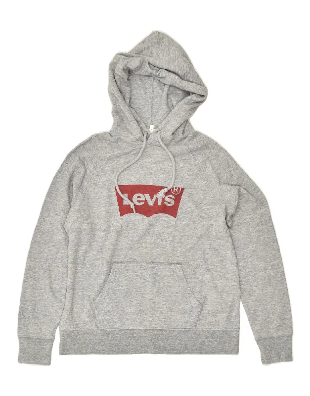 LEVI'S Womens Graphic Hoodie Jumper UK 14 Medium Grey Cotton Hoodie with Hem Patch Decorative Personalized