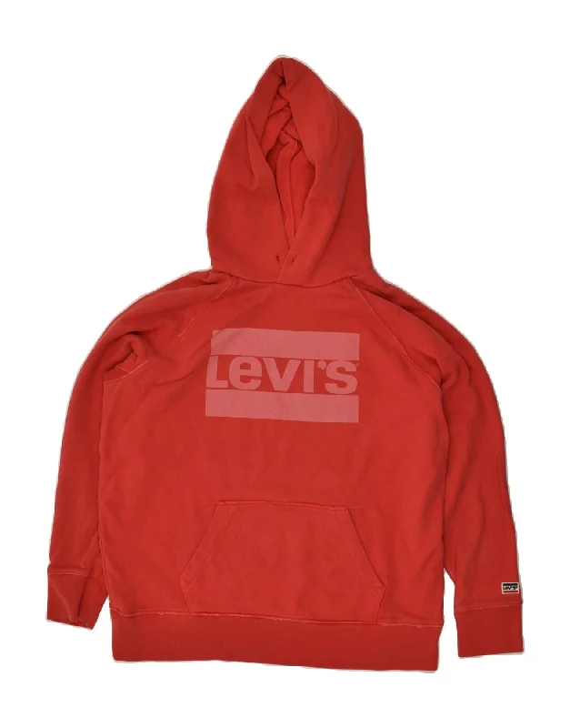 LEVI'S Womens Graphic Hoodie Jumper UK 14 Medium Red Cotton Hoodie with Hem Ribbing Snug Secure