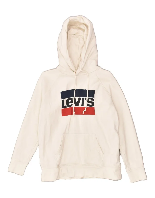 LEVI'S Womens Graphic Hoodie Jumper UK 14 Medium White Cotton Hoodie with Hem Drawcord Adjustable Customizable