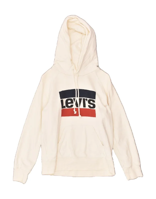 LEVI'S Womens Graphic Hoodie Jumper UK 6 XS White Cotton Hoodie with Hem Detail Decorative Unique