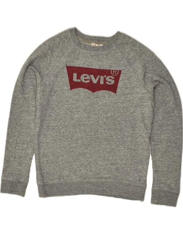 LEVI'S Womens Graphic Sweatshirt Jumper UK 10 Small Grey Cotton Hoodie with Typography Text Message